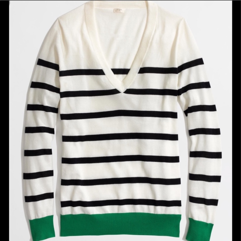 Lightweight V Neck Striped Sweater with green trim